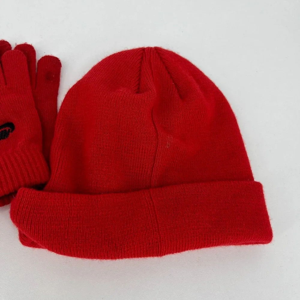 Nike Youth Red Knit Beanie and Gloves Set Embroidered Swoosh Logo